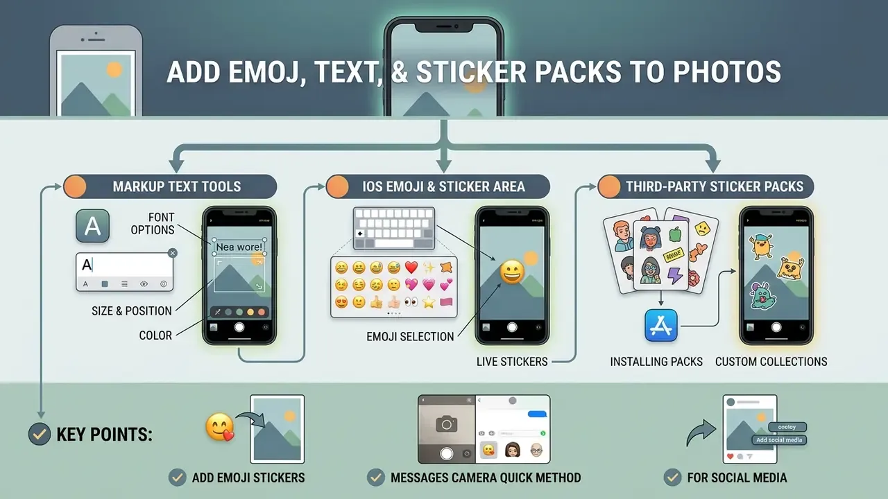 Flowchart showing three methods to add emoji, text, and sticker packs to photos on an iPhone