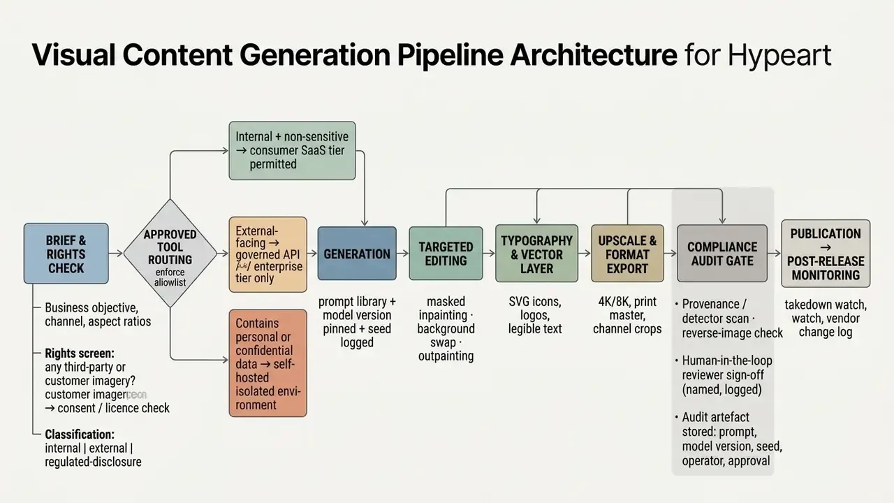 Process flowchart mapping the stages of a visual content generation pipeline from initial brief to publication