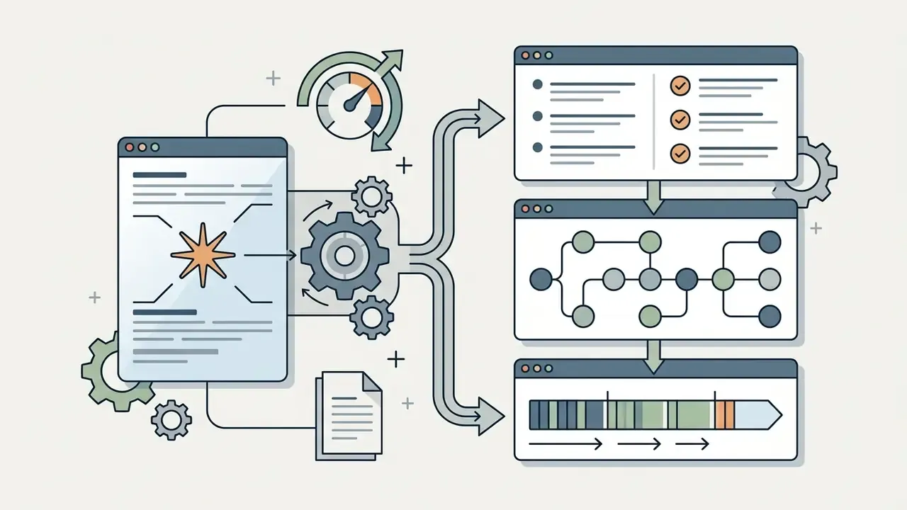 Document data processed by gears into bulleted lists, hierarchical concept maps, and chronological timelines