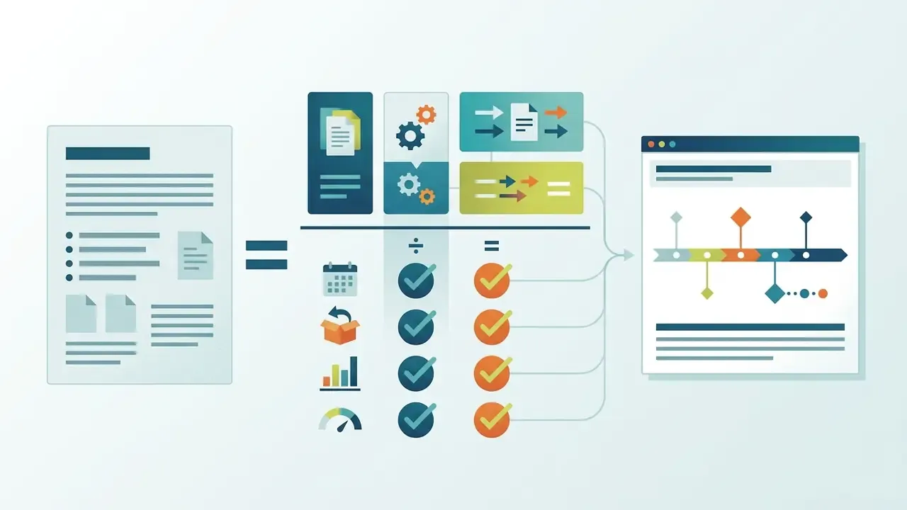 Document data passing through processing steps and checklists to form a visual project timeline