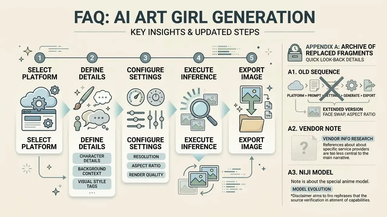 Five-step process diagram for generating ai art cute girl images alongside a historical archive section