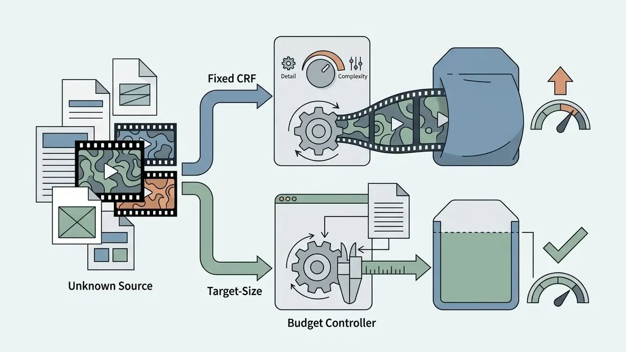 Comparison of fixed CRF and target-size encoding methods for video files to manage output size