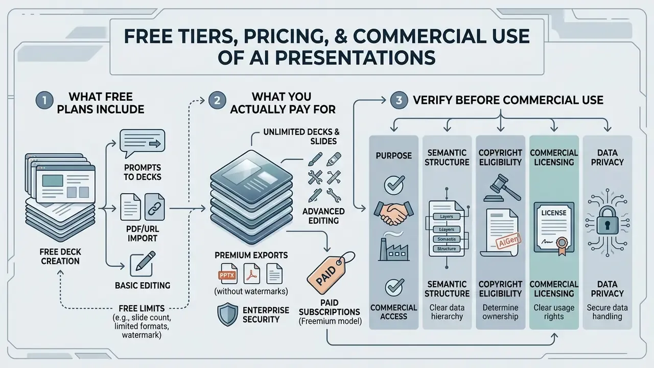 Three-step infographic comparing free plan features, premium paid benefits, and commercial usage requirements