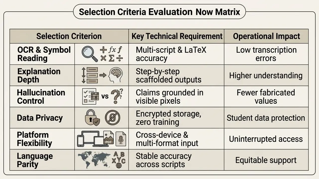 Evaluation matrix linking AI homework helper criteria to technical requirements and operational impacts