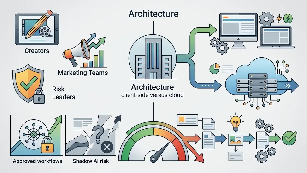 Diagram linking creators and marketing teams to client-side and cloud rendering infrastructure models