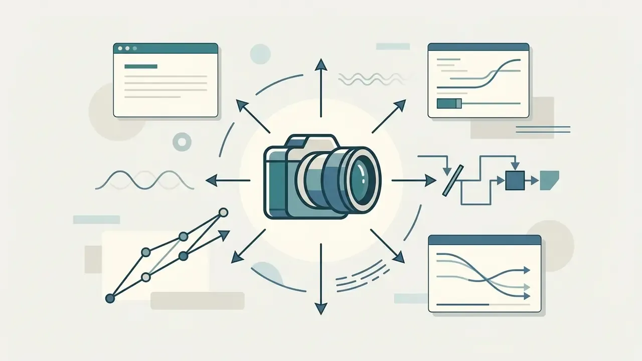 Central camera icon connected to surrounding data windows, graphs, and technical flow charts