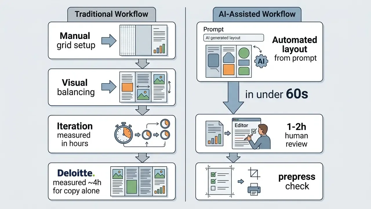 Side-by-side comparison of manual design steps versus automated layout generation and human review