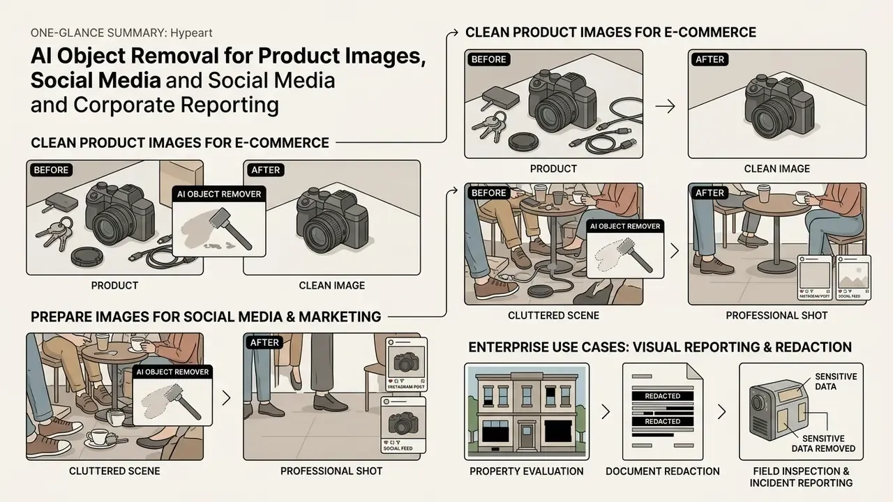 Diagram showing how digital tools clean product photos, social media scenes, and business documents