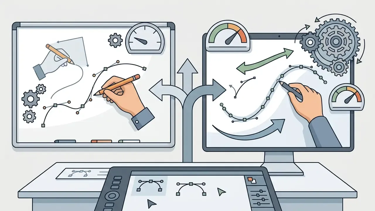 Hands drawing vector paths on a whiteboard and computer screen with speed gauges and gear mechanisms