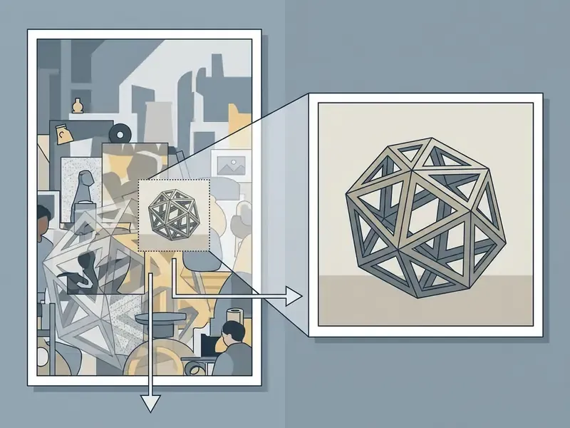 Side-by-side view showing a cluttered full-frame image and an isolated crop of a geometric structure