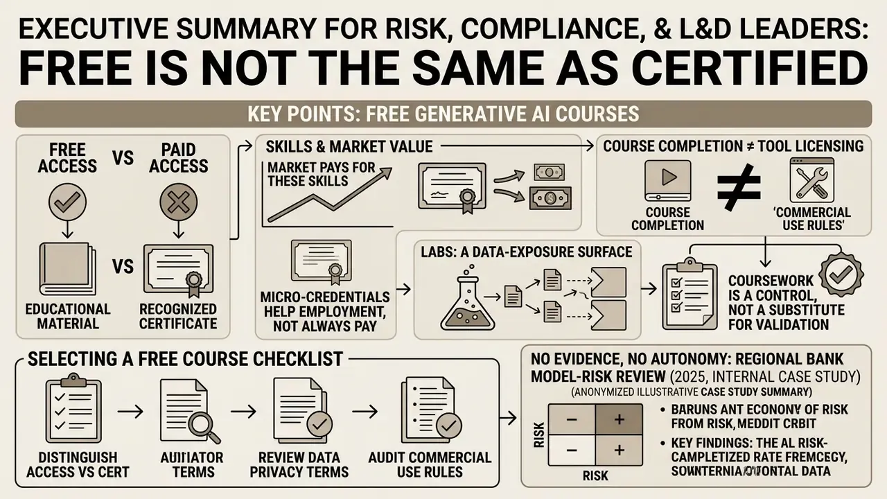 Infographic comparing free generative AI courses to certified options and outlining key risk management factors