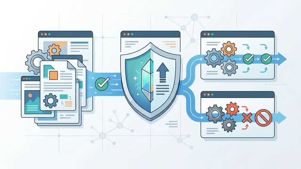 Document files flowing through a protective shield to be sorted into approved or rejected workflows