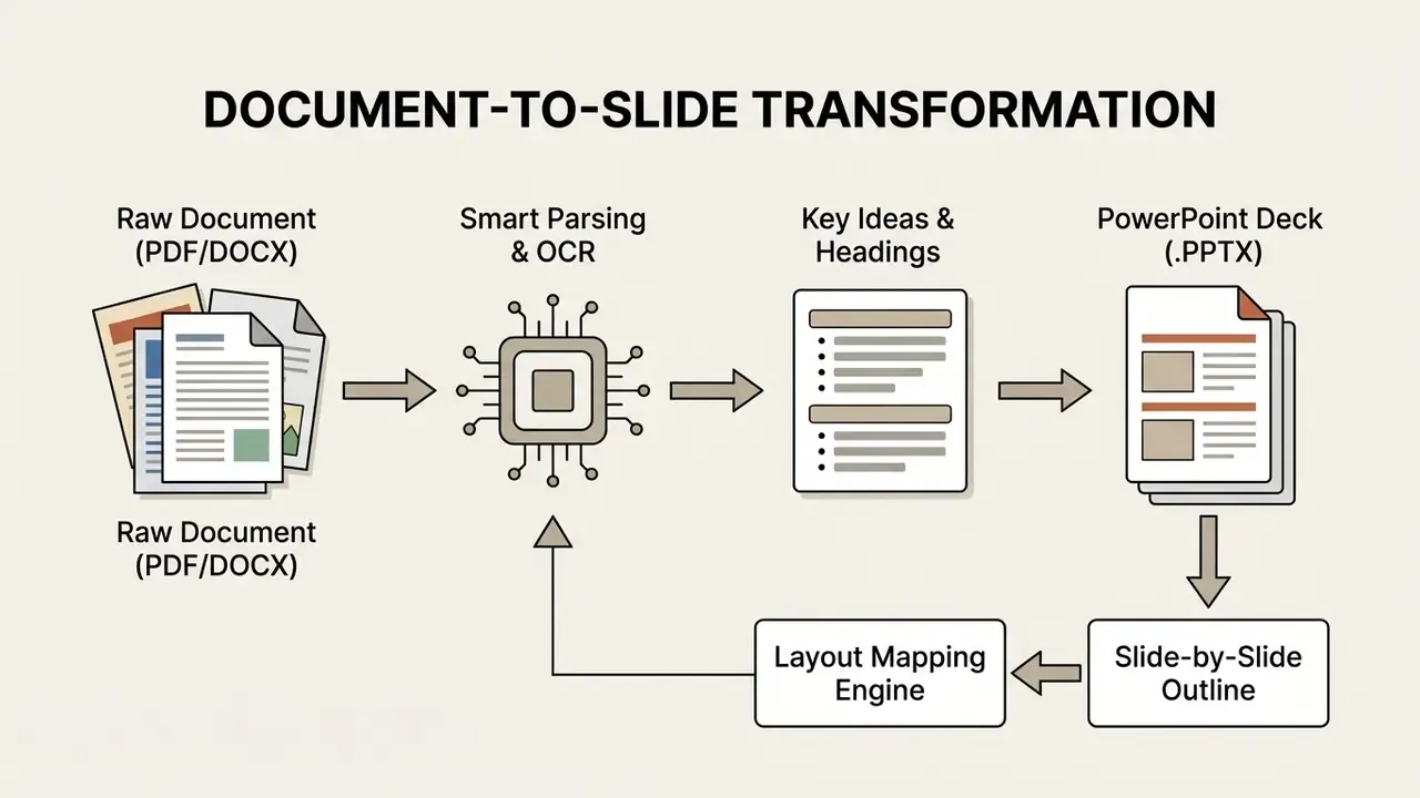 Process diagram showing how a free AI presentation maker converts raw documents into slide decks