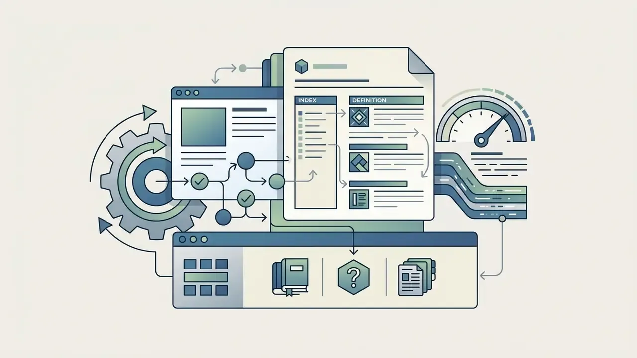 Stylized representation of a digital glossary featuring document indexing, technical definitions, and a gauge
