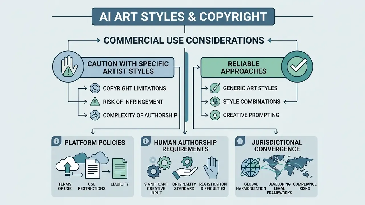 Infographic comparing cautionary artist style practices with reliable approaches and legal requirements