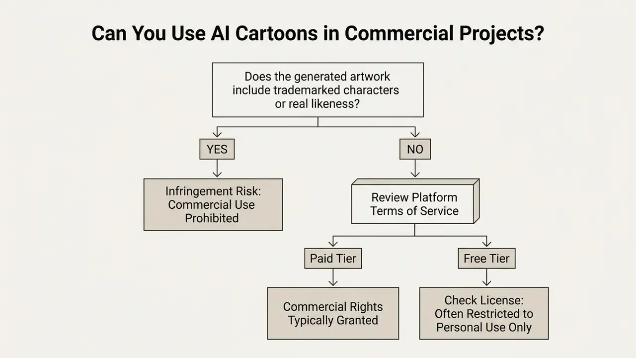 Decision tree evaluating trademark risks and platform licensing for commercial use of digital artwork