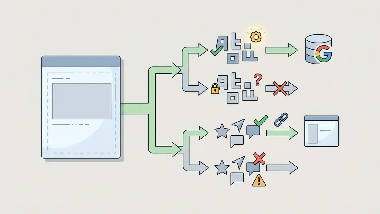 Template file branching into font and asset licensing paths with checkmarks and warning symbols