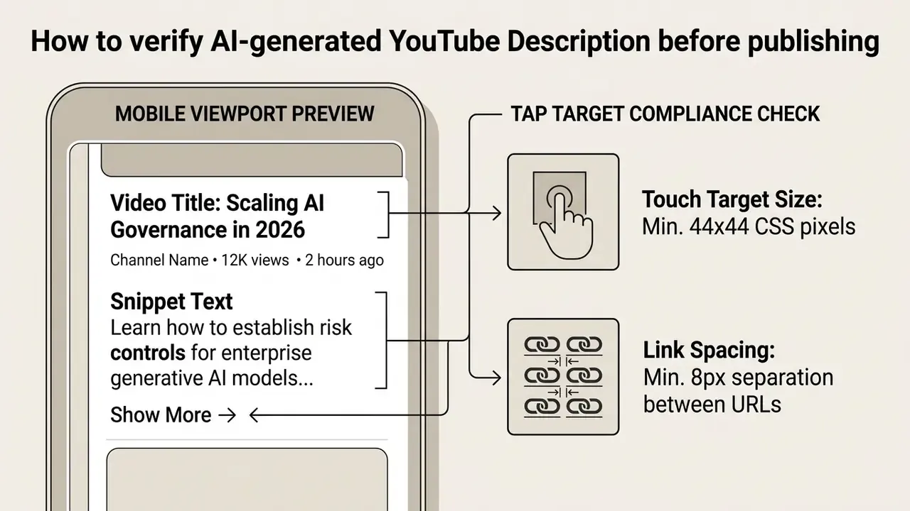 Mobile viewport preview showing touch target size and link spacing requirements for video metadata
