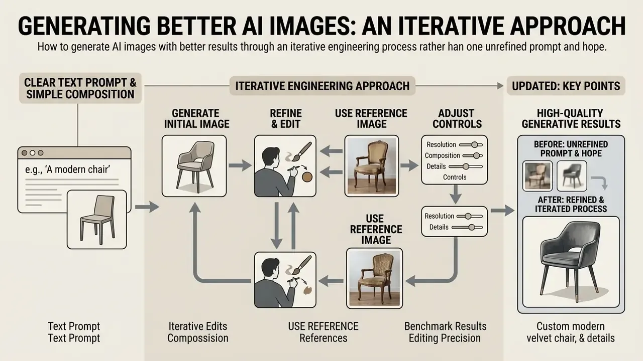 Diagram showing an iterative engineering process for improving AI image generation results