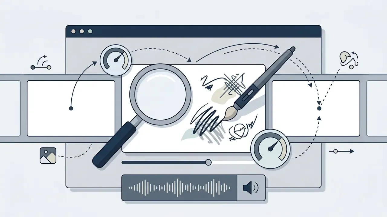 Digital canvas with a stylus and magnifying glass overlaying a film strip with audio waveform controls