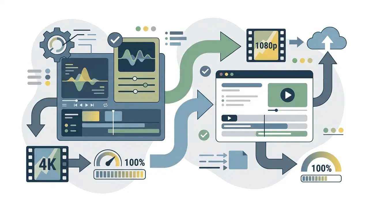 Software interface icons showing 4K local processing and 1080p browser based cloud video editing workflows