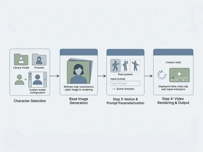 Four-step process flowchart showing the workflow for generating a Candy AI video from character to output