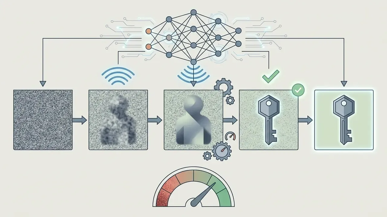 Neural network processing noise into a clear image of a key through iterative denoising steps