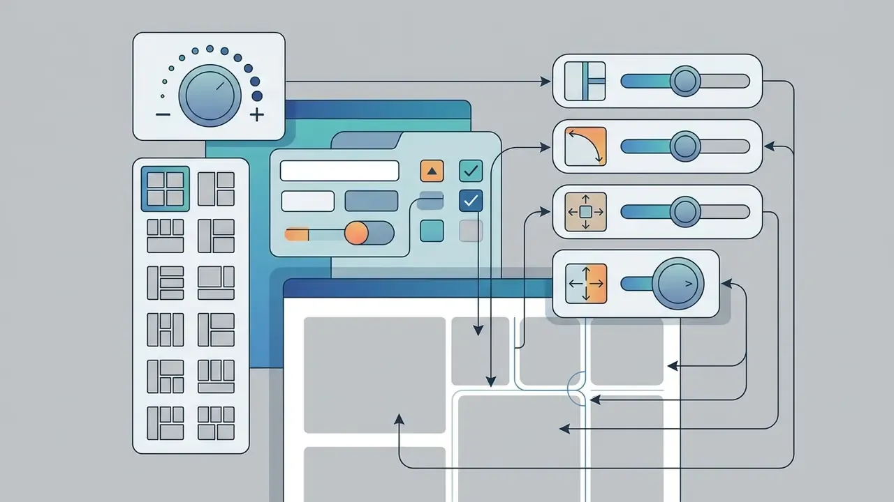 Diagram showing interface controls for adjusting grid layouts, borders, and spacing in a photo collage app