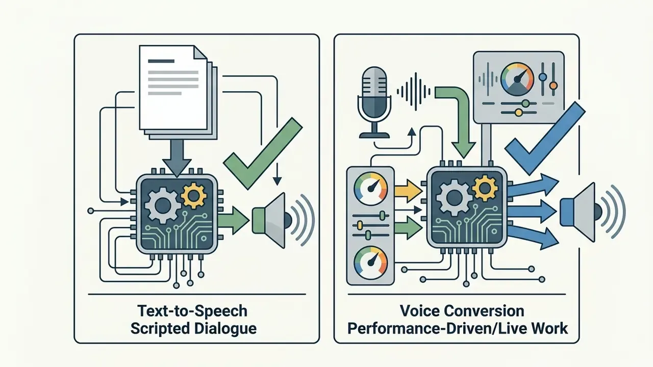 Two side-by-side panels showing text-to-speech script processing and live voice conversion workflows