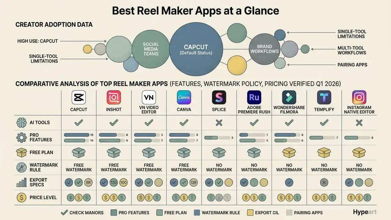 Bubble chart of creator adoption data alongside a comparison table for popular reel maker apps
