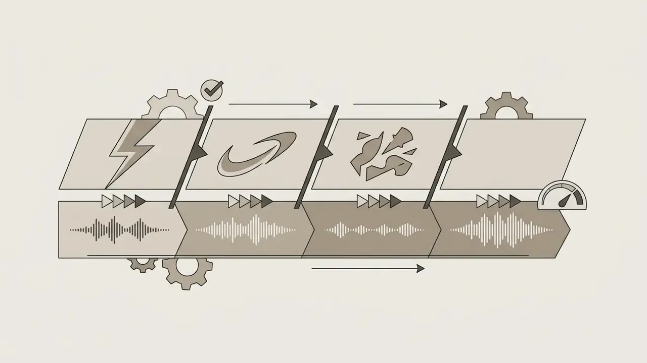 Sequential video frames with icons and audio waveforms representing a multi-step OpenAI Sora production