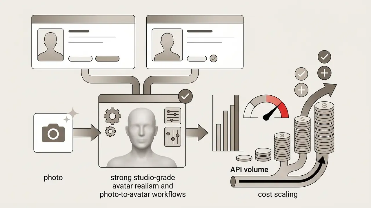 Process diagram linking photo inputs to avatar generation and rising costs as API volume increases
