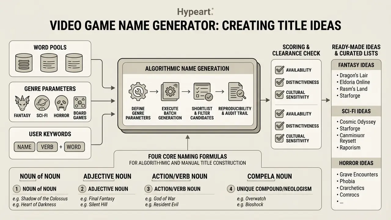 Infographic showing how a video game name generator uses word pools and formulas to create title ideas