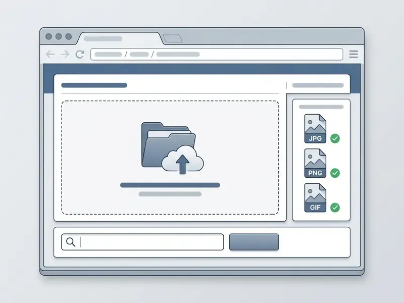 Browser interface showing a drag-and-drop file upload zone with validated JPG, PNG, and GIF file icons