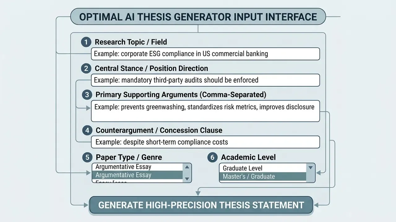 Numbered list of input fields for research topic, stance, arguments, and paper parameters