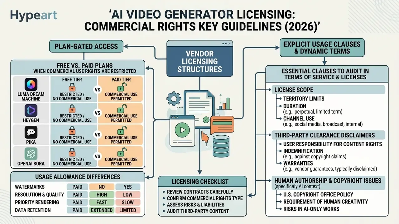 Flowchart comparing AI video generator plan tiers, licensing clauses, and essential audit checklists