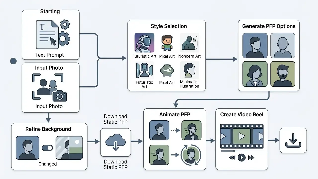 Diagram showing the workflow from text or photo input to style selection, animation, and video creation