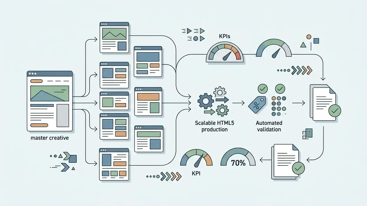 Process flow showing a master creative generating multiple variants for scalable HTML5 production and validation