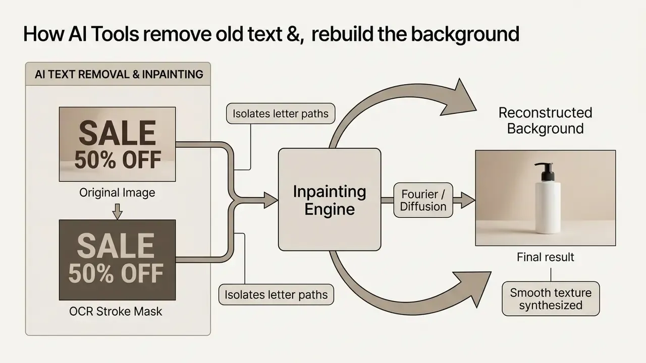 Technical diagram showing how AI isolates text paths to inpaint and reconstruct a clean background