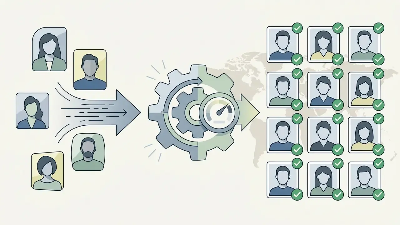 Process flow showing diverse employee photos being standardized into a uniform corporate directory format