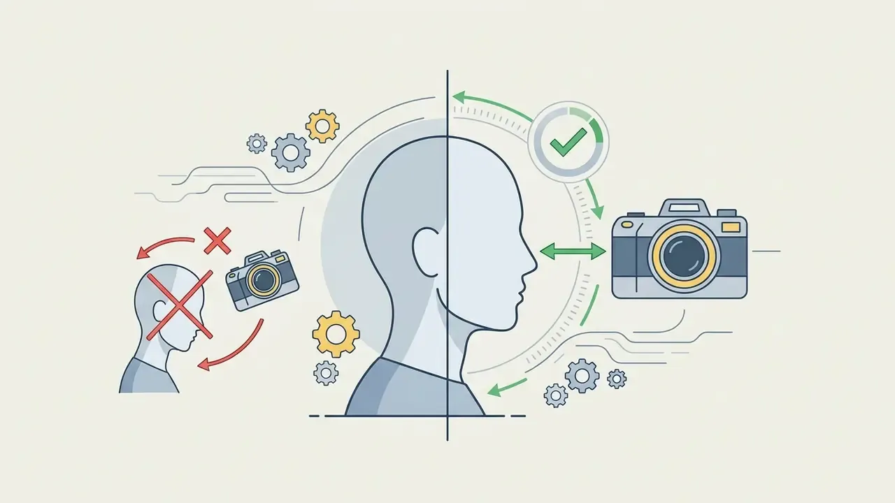 Comparison between a tilted head position marked with a red cross and a centered head aligned with a camera