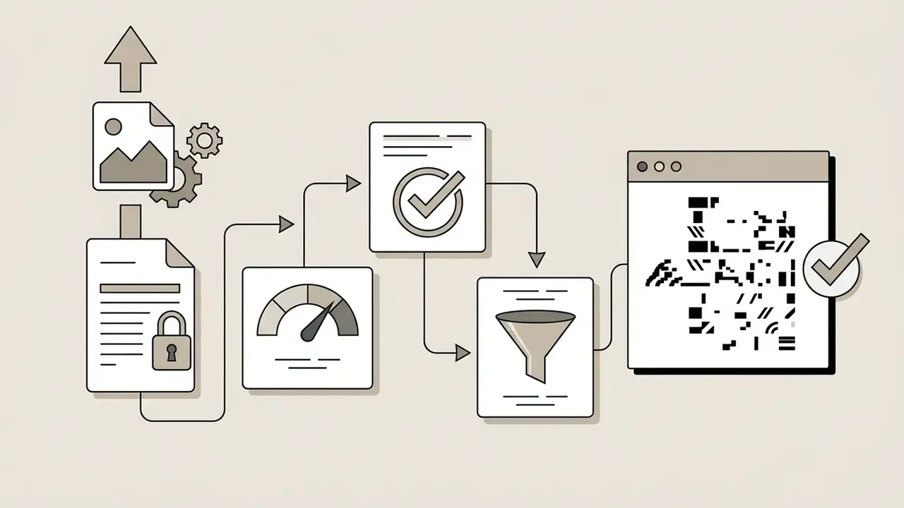 Process flow showing document encryption, performance monitoring, data filtering, and final output
