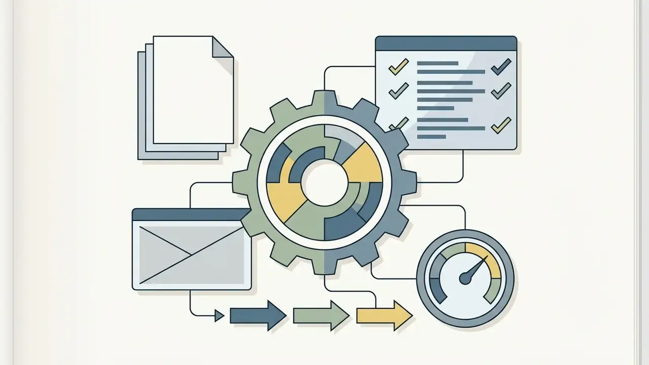 Central gear connecting document files, a checklist, an email icon, and a gauge to a sequence of arrows