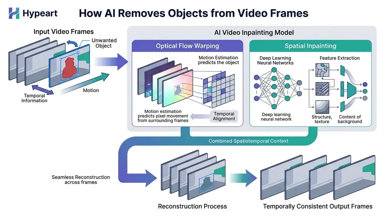 Diagram showing optical flow warping and spatial inpainting to remove objects from video frames