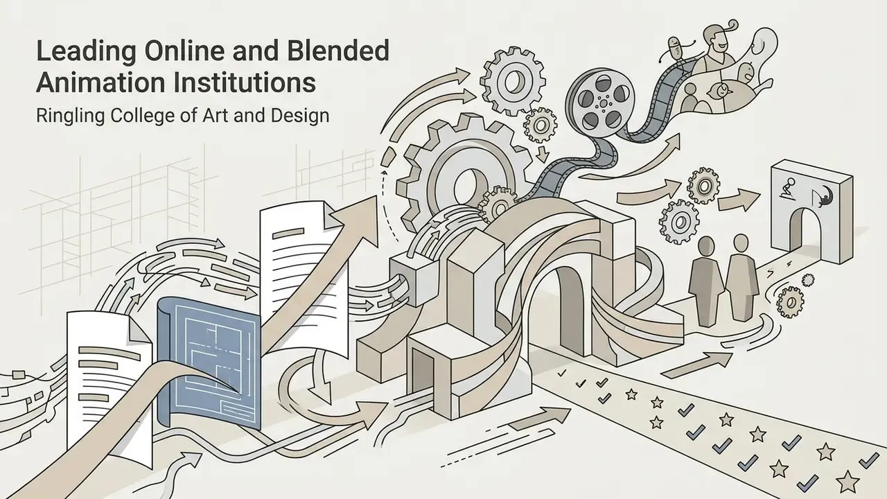 Documents and blueprints flowing through gears and architectural arches toward a finished film production