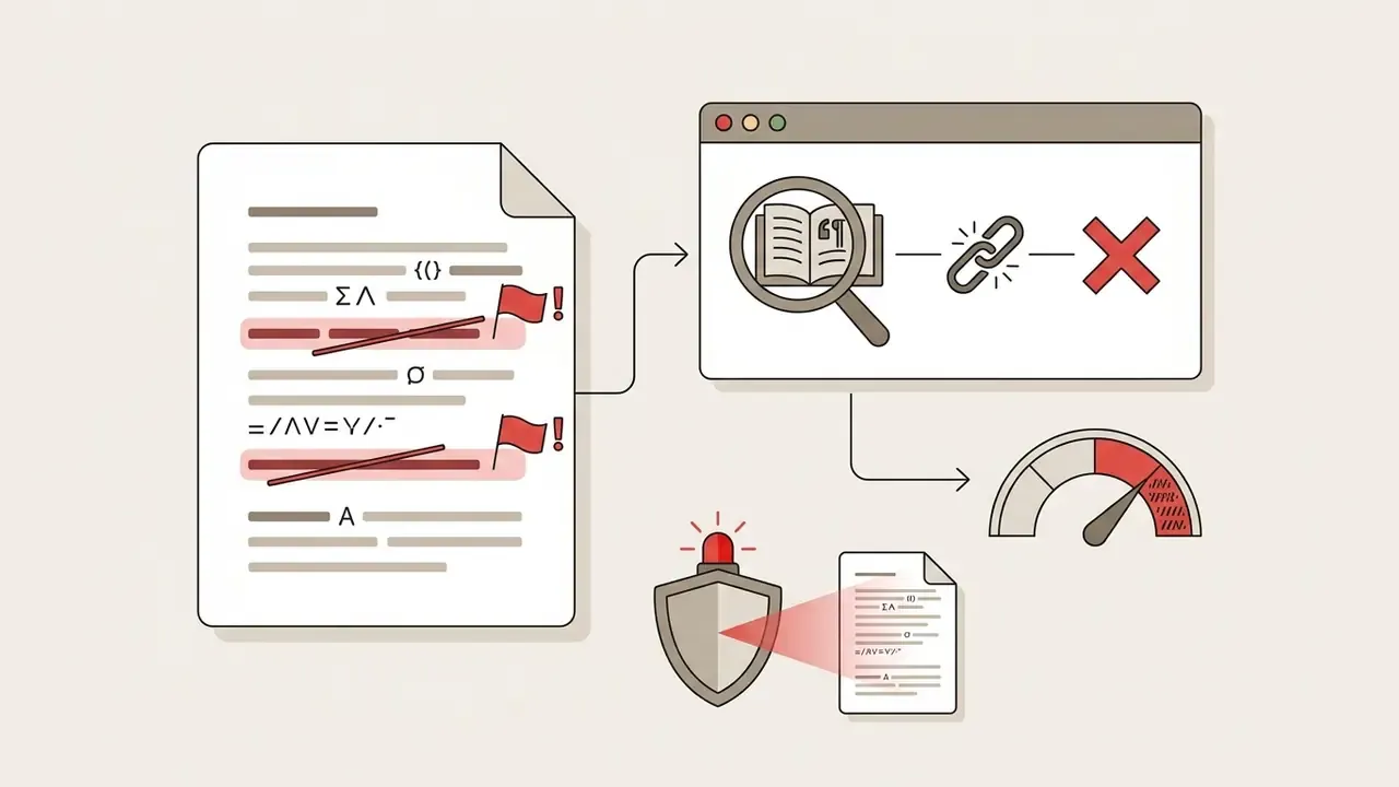 Flagged text in a report leads to a link verification window, a risk gauge, and a scanning shield icon