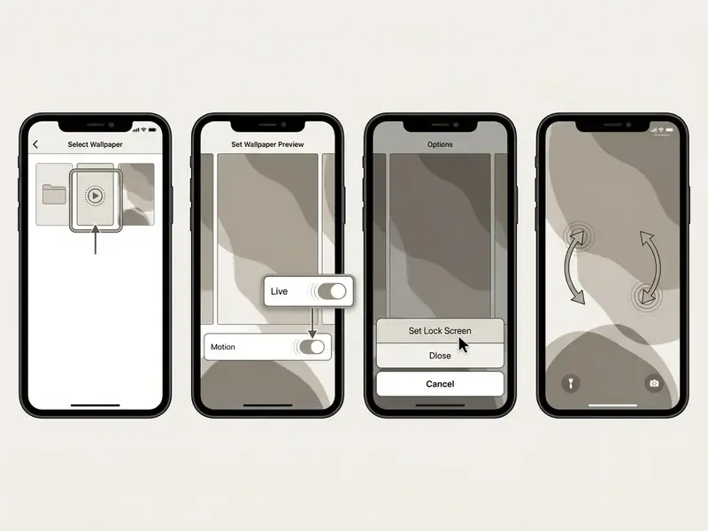Four mobile screens showing how to make a live wallpaper by selecting a file and enabling motion