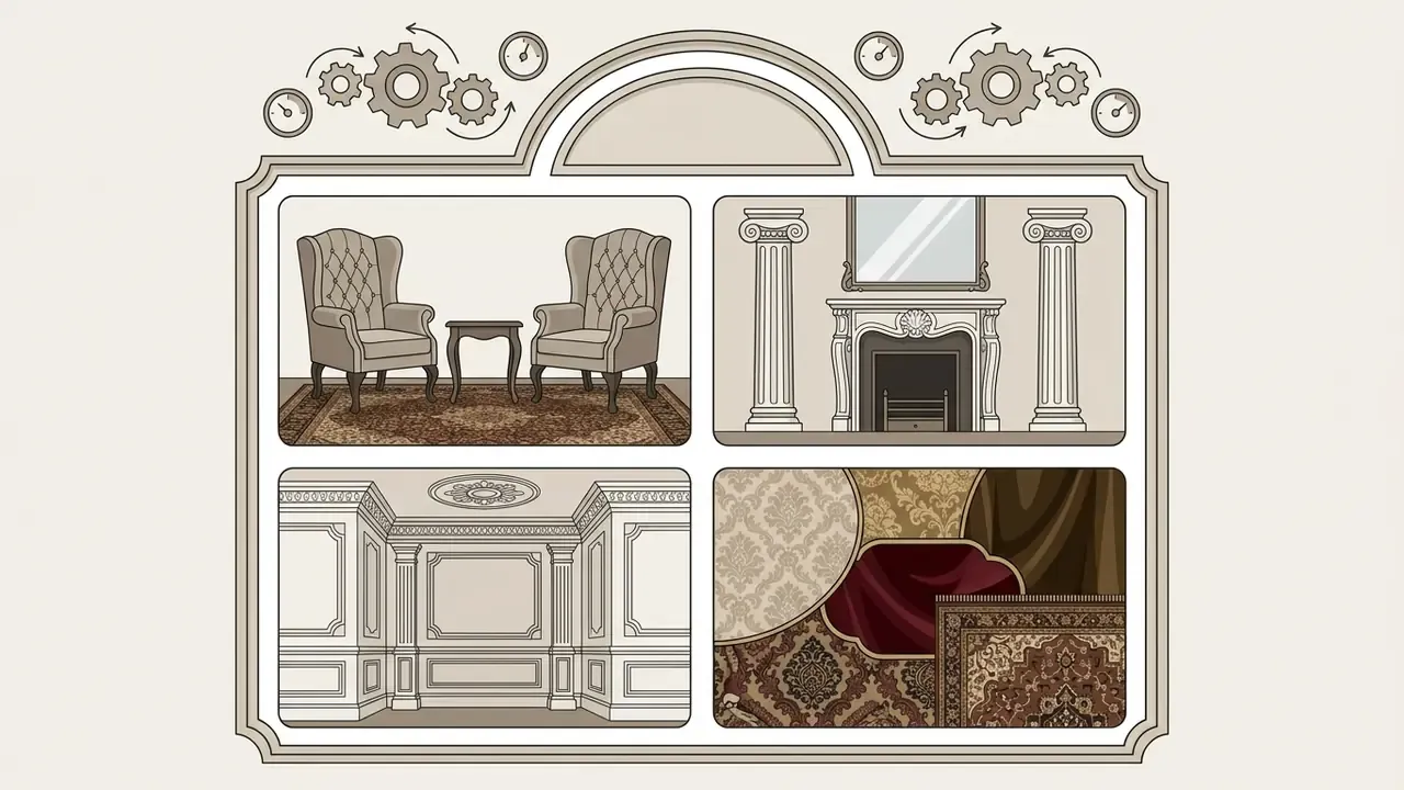 Four panels displaying classic interior design elements like formal furniture, moldings, and rich textures