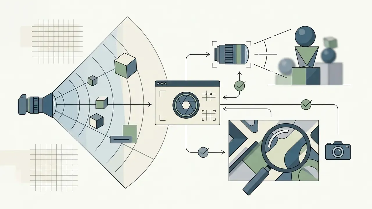 Camera lens and field of view icons representing perspective and framing for a DALL-E AI image generator