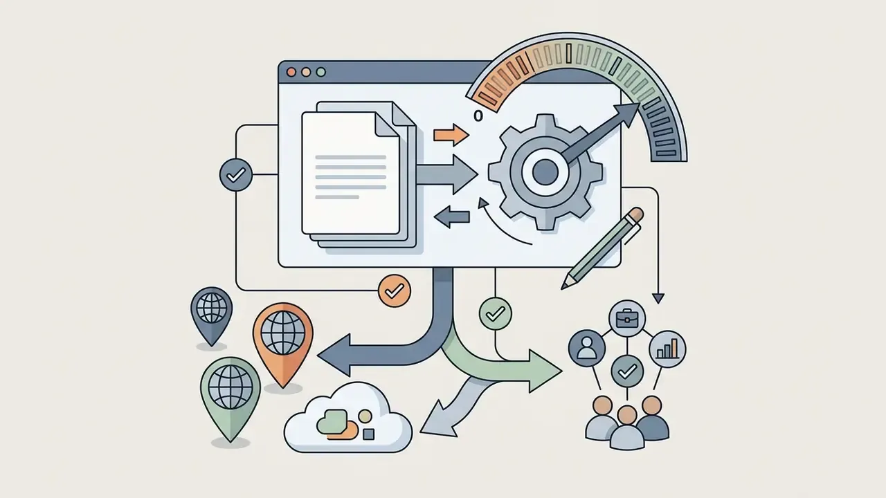 Document processing flowing into a gear mechanism with location pins and team structure icons